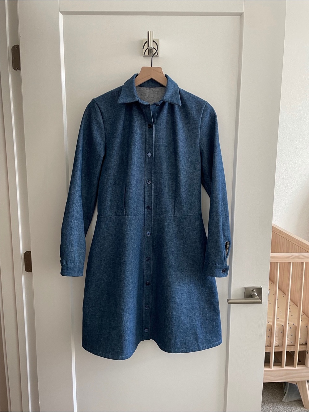 Handmade Classic Blue Denim Button-Front Shirt A-Line Dress
